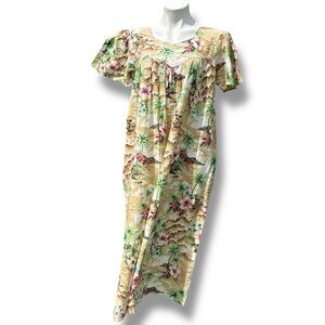 NWT Vintage Daffodil House Dress Medium Palm Tree Floral Cotton Lounge Muumuu